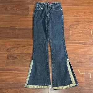 Y2K Old Navy Blue Flare Jeans with‎ Green Velour Stitching Size Women's 2